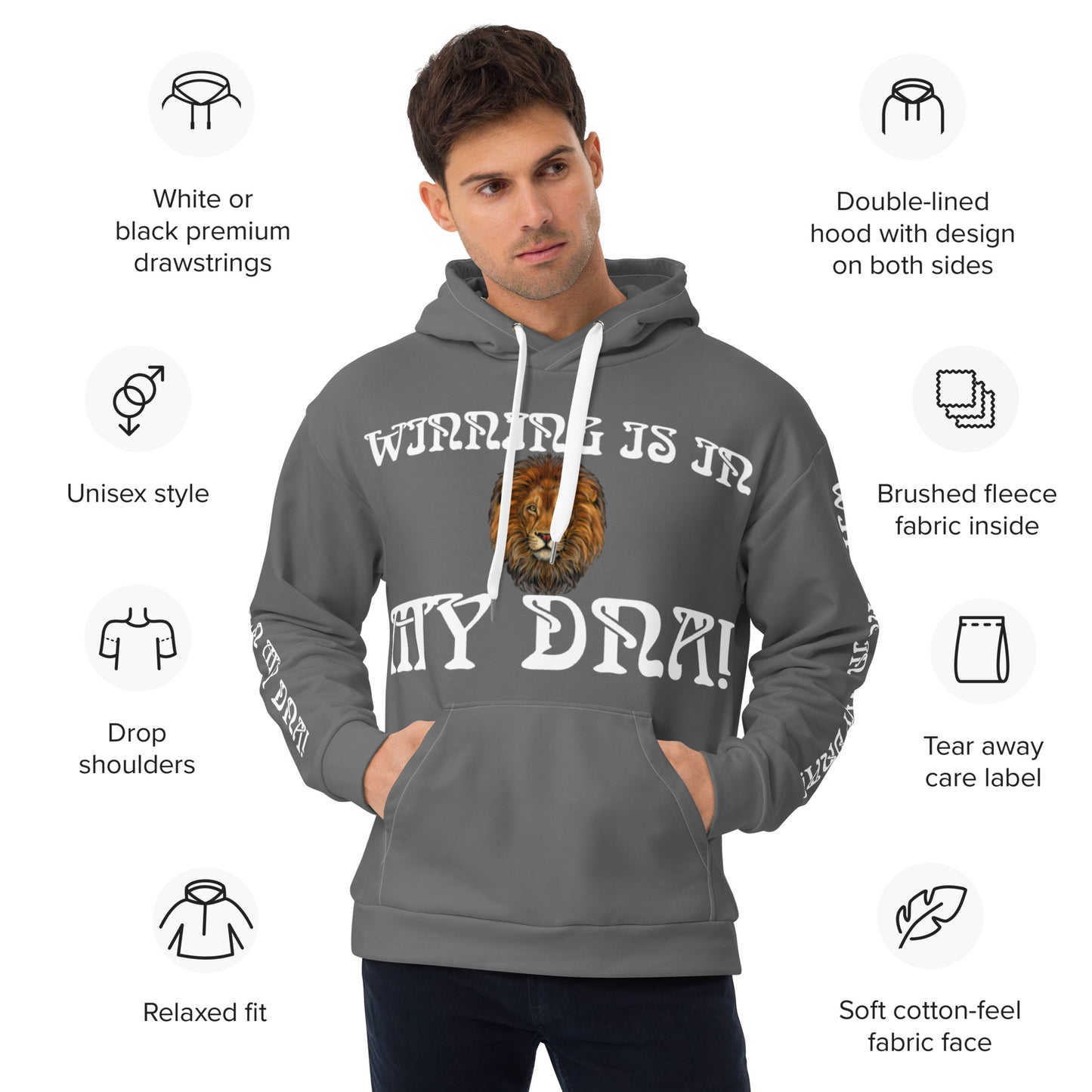 “WINNING IS IN MY DNA!”Grey Unisex Hoodie W/White Font