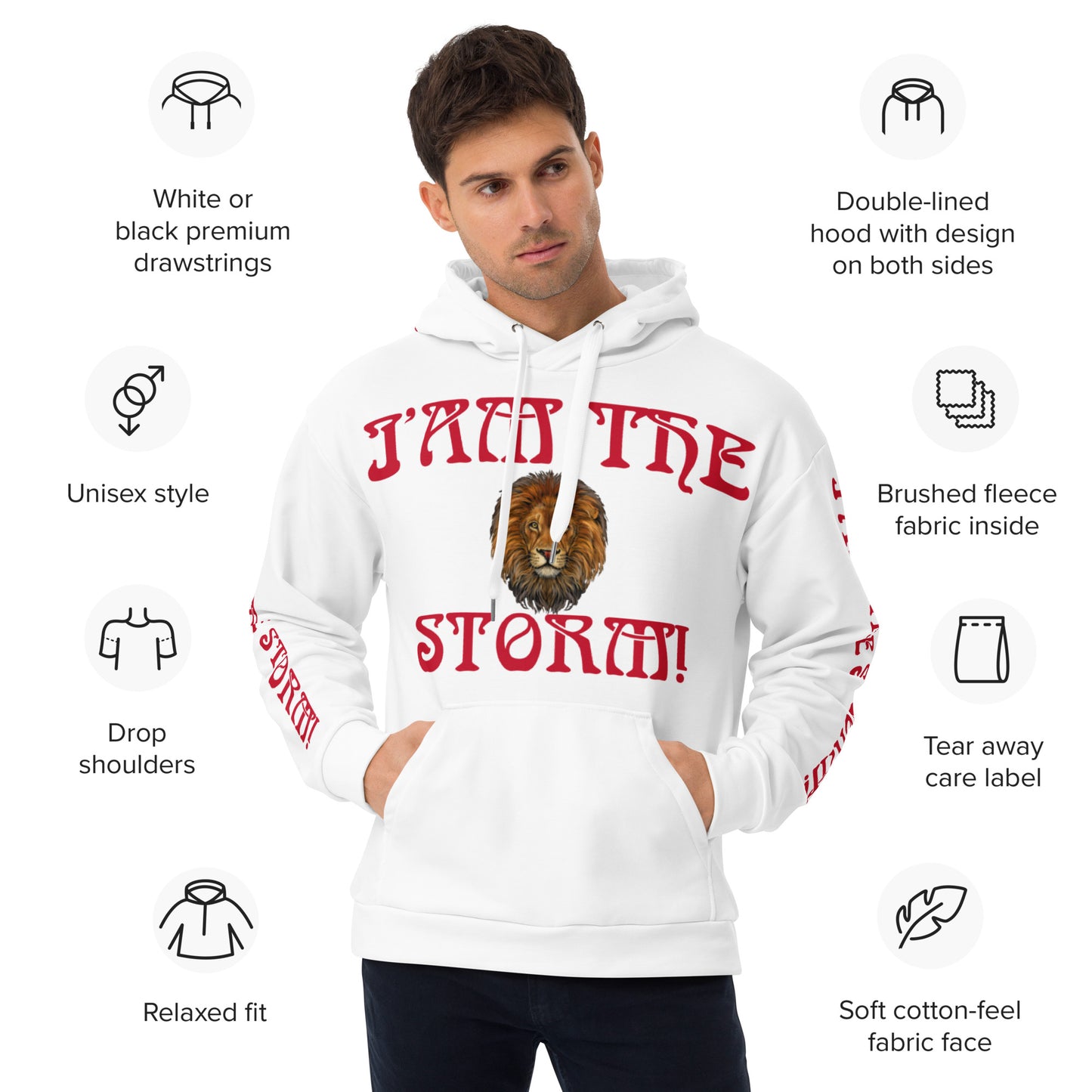 “I’AM THE STORM!"White Unisex Hoodie W/Red Font
