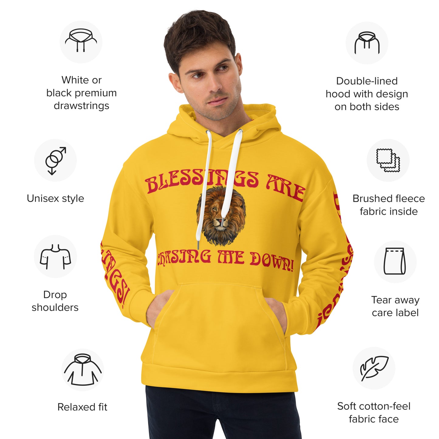 “BLESSINGS ARE CHASING ME DOWN!”Yellow Unisex Hoodie W/Red Font