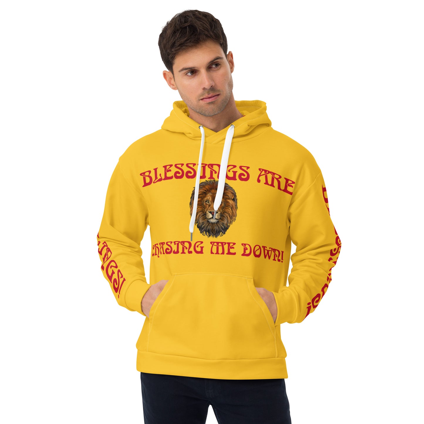 “BLESSINGS ARE CHASING ME DOWN!”Yellow Unisex Hoodie W/Red Font