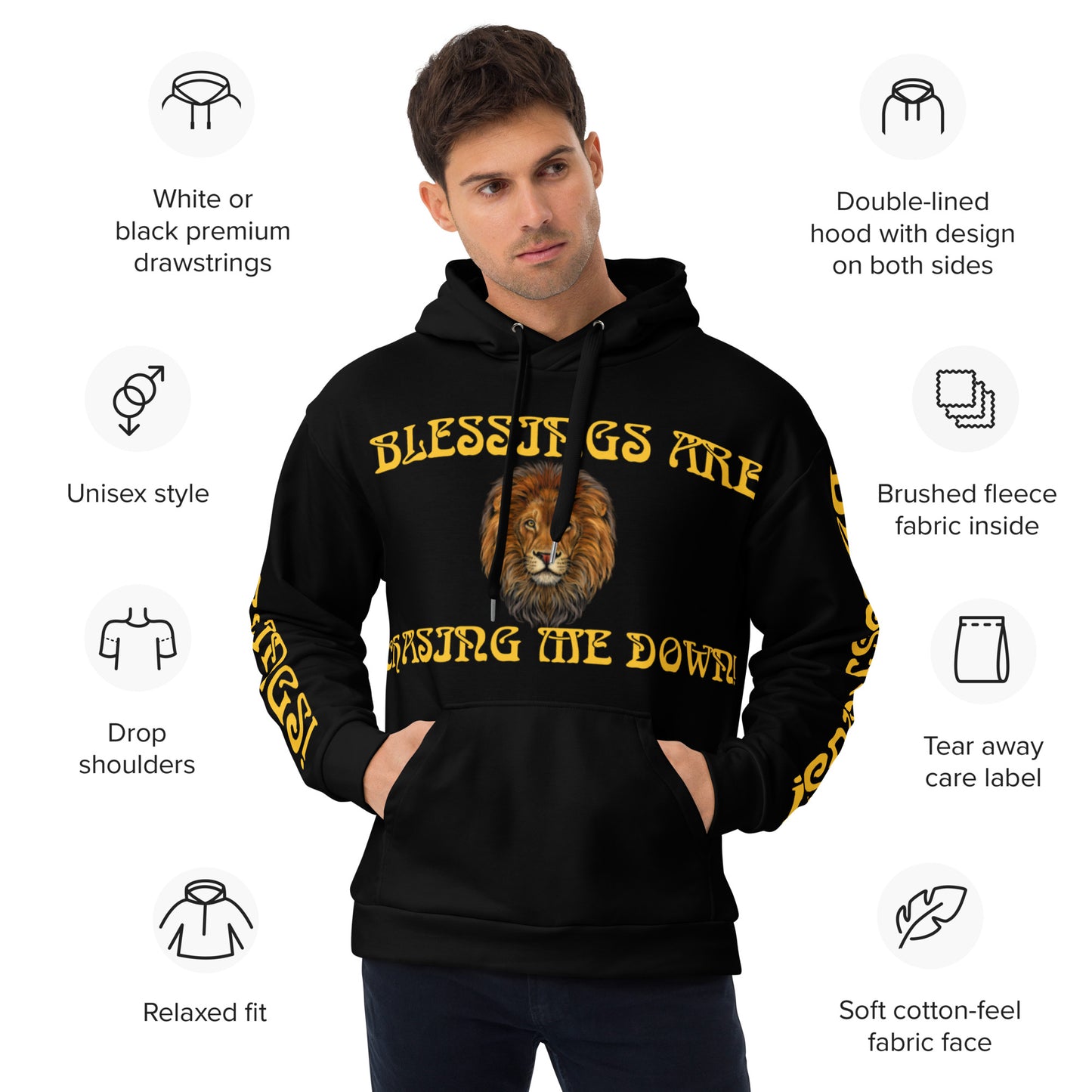 “BLESSINGS ARE CHASING ME DOWN!”Black Unisex Hoodie W/Yellow Font