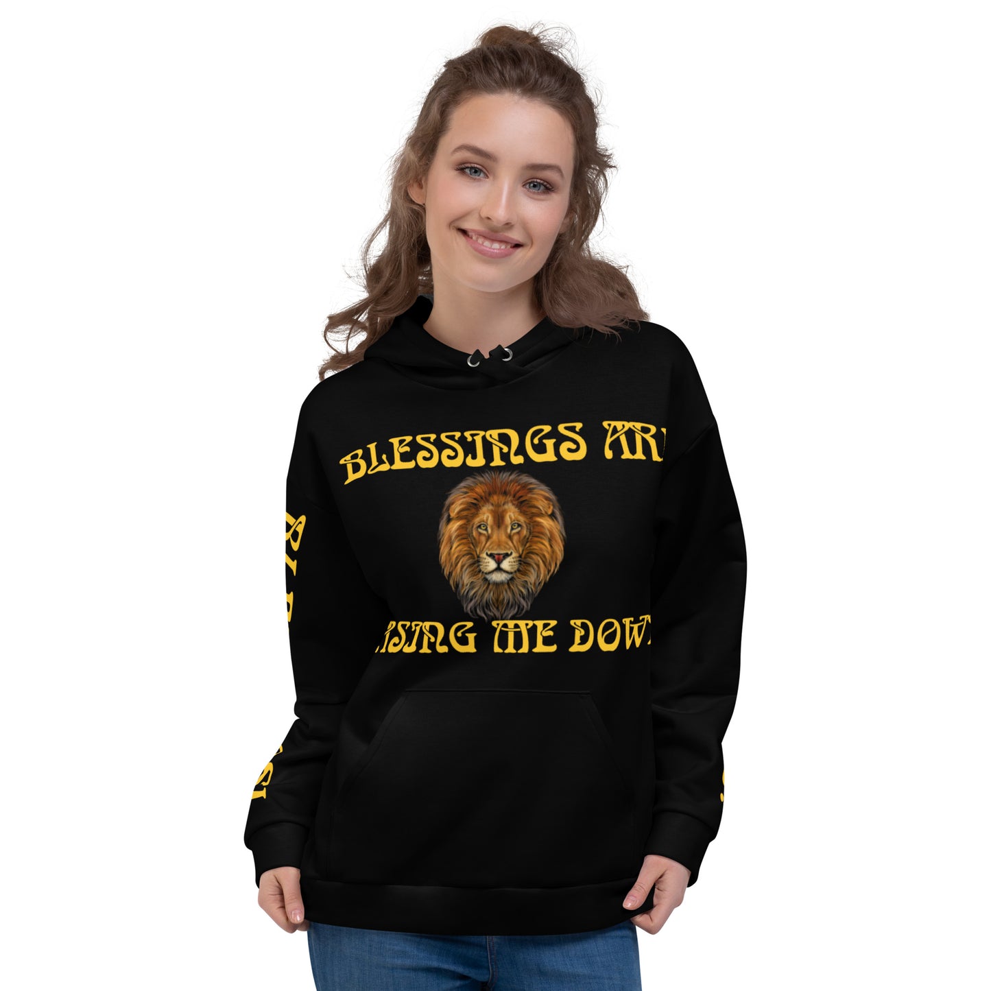 “BLESSINGS ARE CHASING ME DOWN!”Black Unisex Hoodie W/Yellow Font
