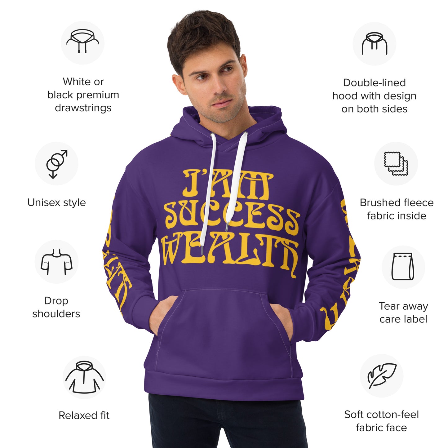 “I’AM SUCCESS,WEALTH!”Purple Unisex Hoodie W/Yellow Font