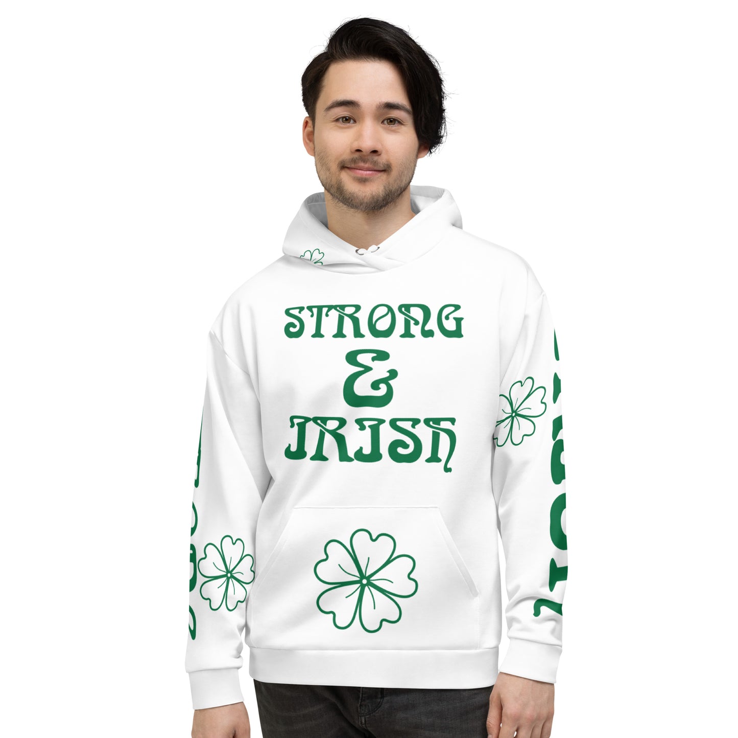 “STRONG&IRISH”White Unisex Hoodie W/Green Font