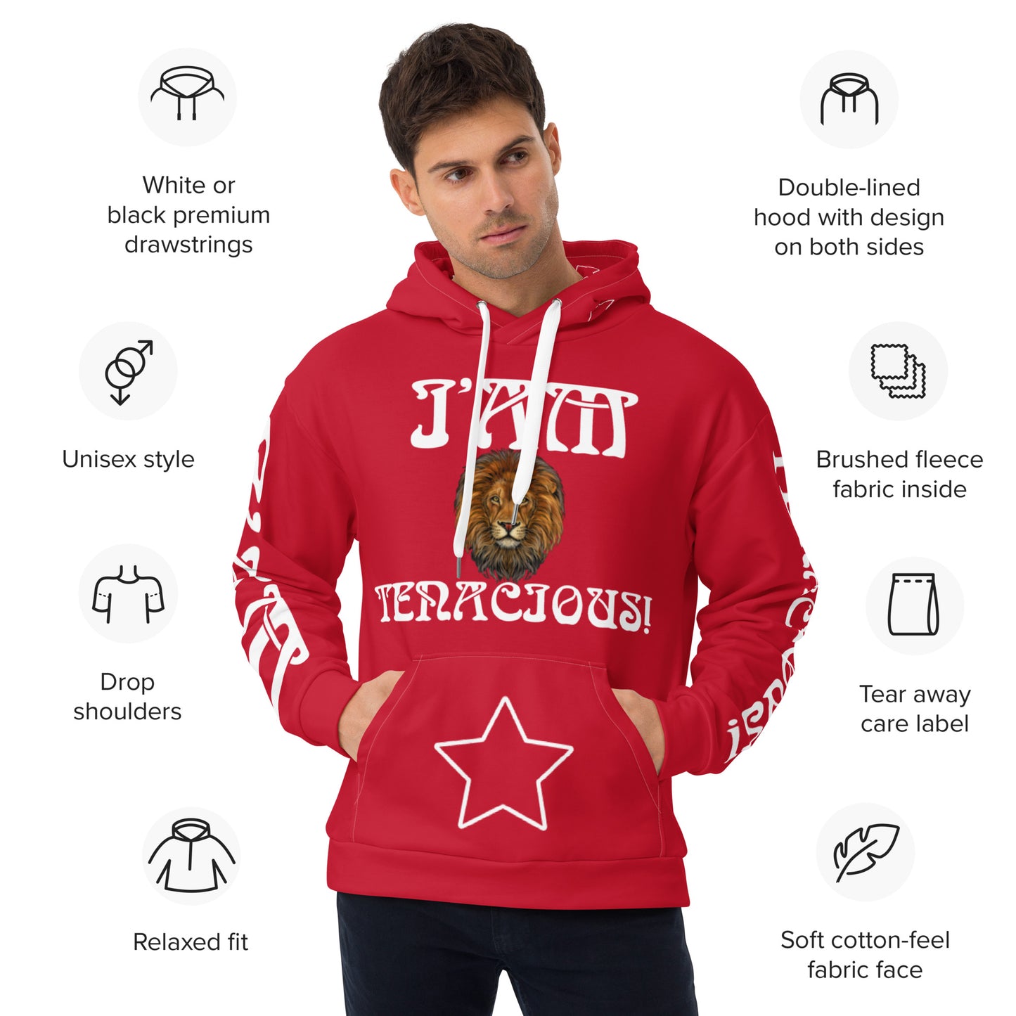“I’AM TENACIOUS!”Red Unisex Hoodie W/White Font