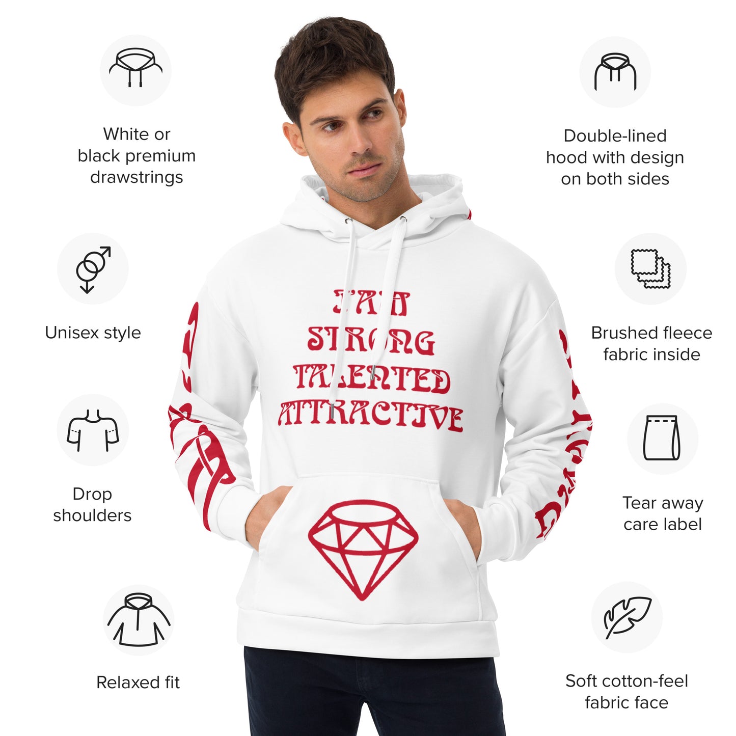 “I’AMSTRONG,TALENTED,ATTRACTIVE”White Unisex Hoodie W/Red Font