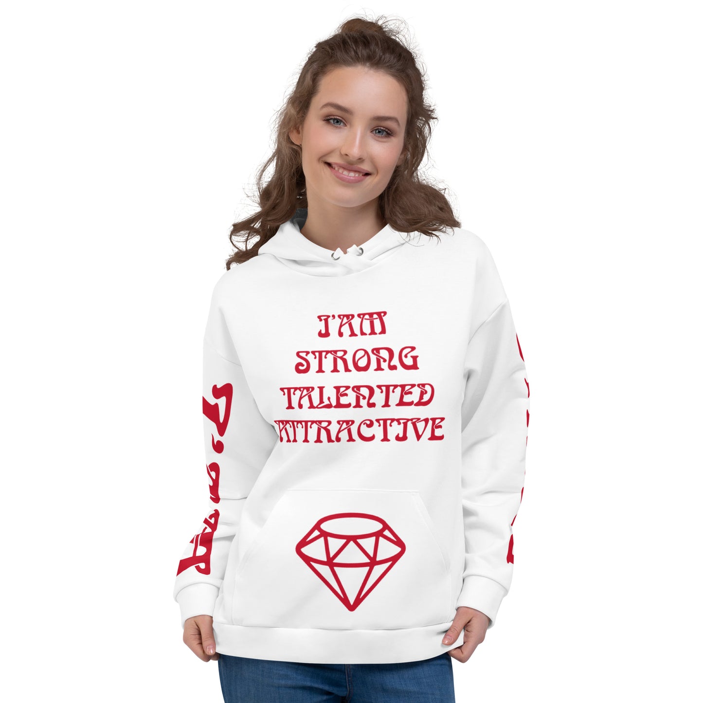 “I’AMSTRONG,TALENTED,ATTRACTIVE”White Unisex Hoodie W/Red Font