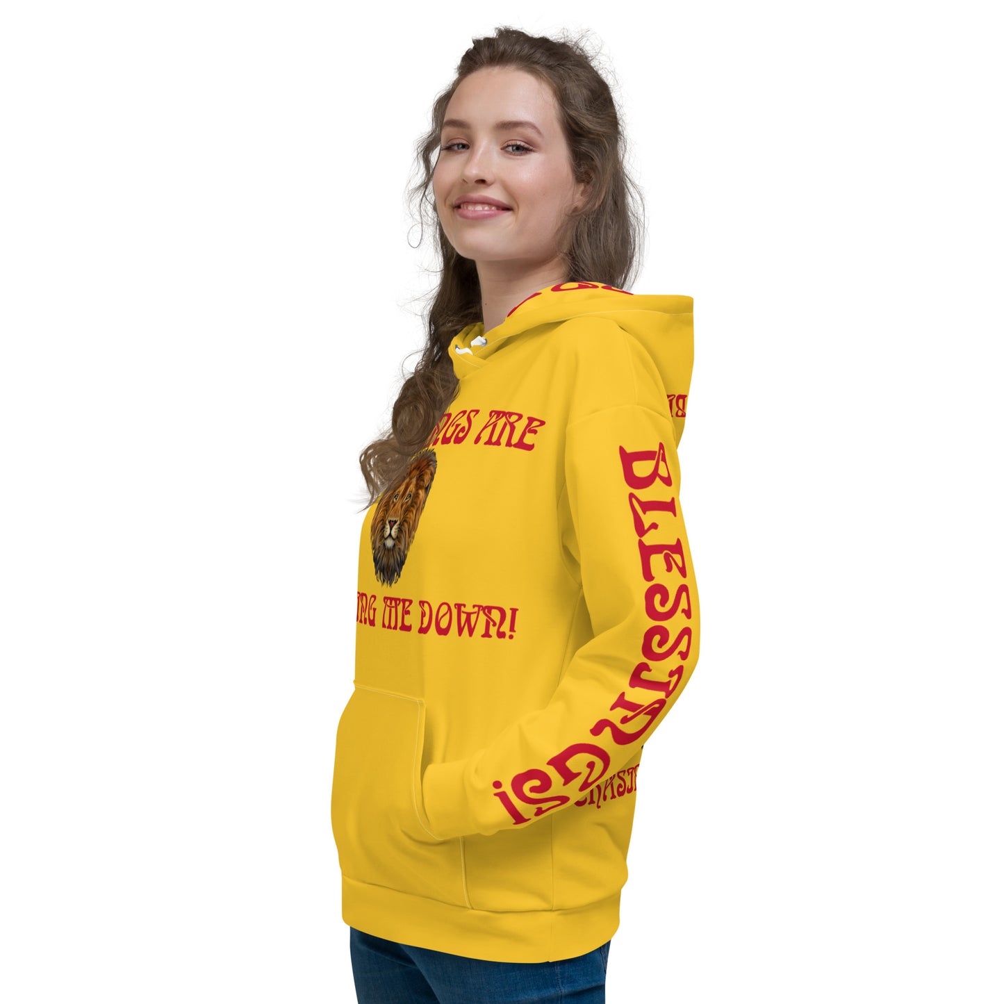 “BLESSINGS ARE CHASING ME DOWN!”Yellow Unisex Hoodie W/Red Font