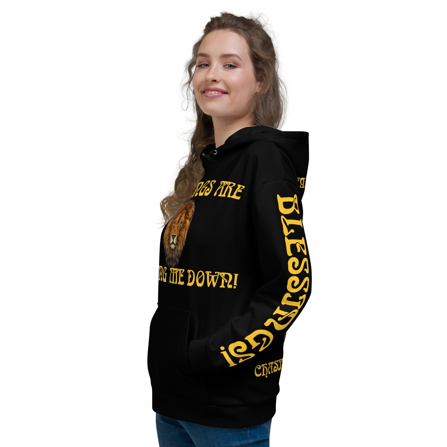 “BLESSINGS ARE CHASING ME DOWN!”Black Unisex Hoodie W/Yellow Font