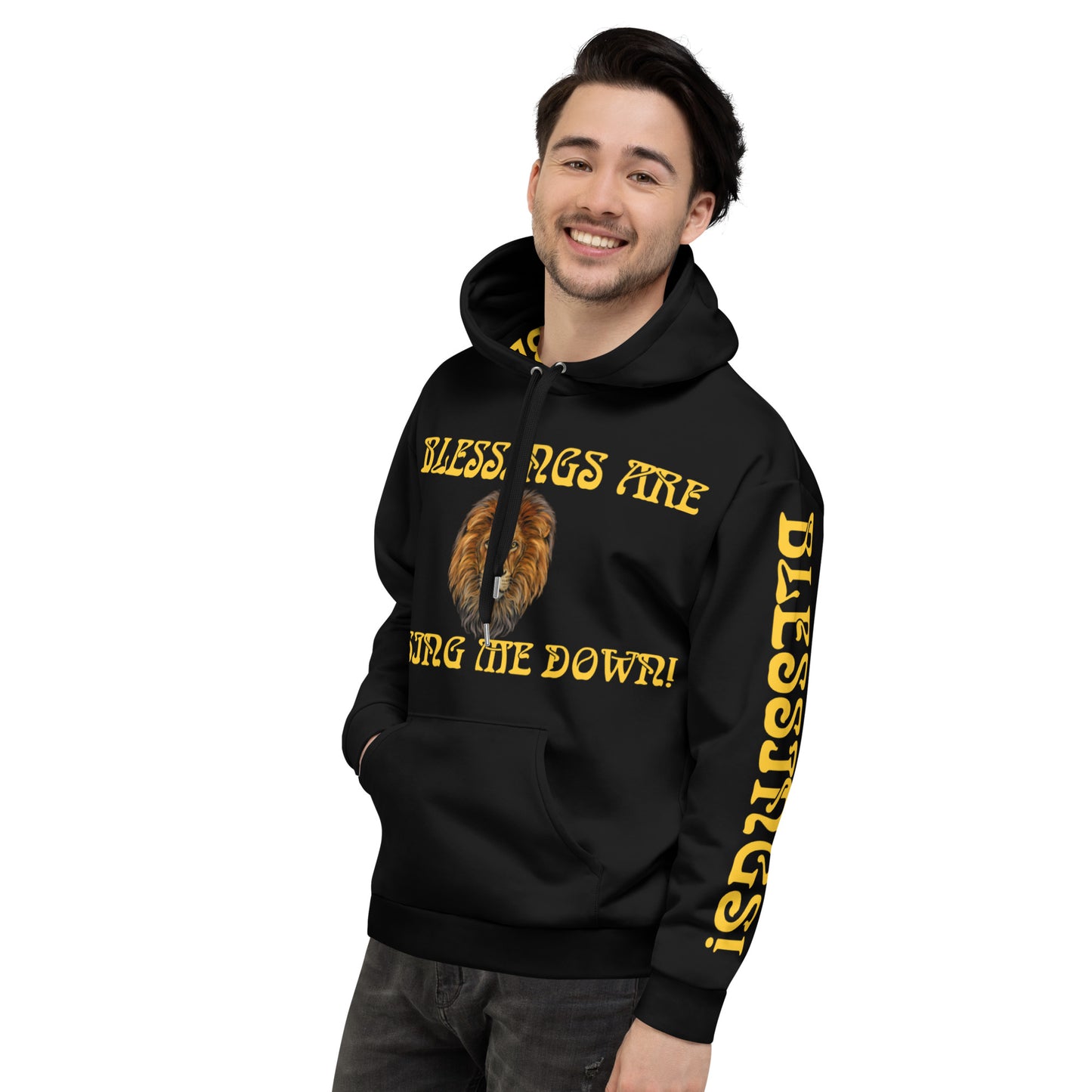 “BLESSINGS ARE CHASING ME DOWN!”Black Unisex Hoodie W/Yellow Font