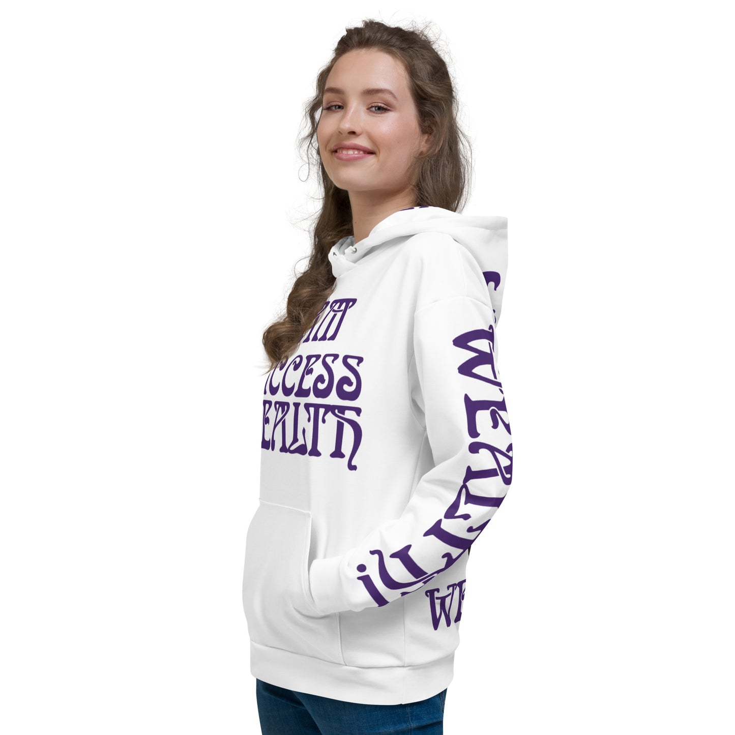 “I’AM SUCCESS,WEALTH!”White Unisex Hoodie W/Purple Font