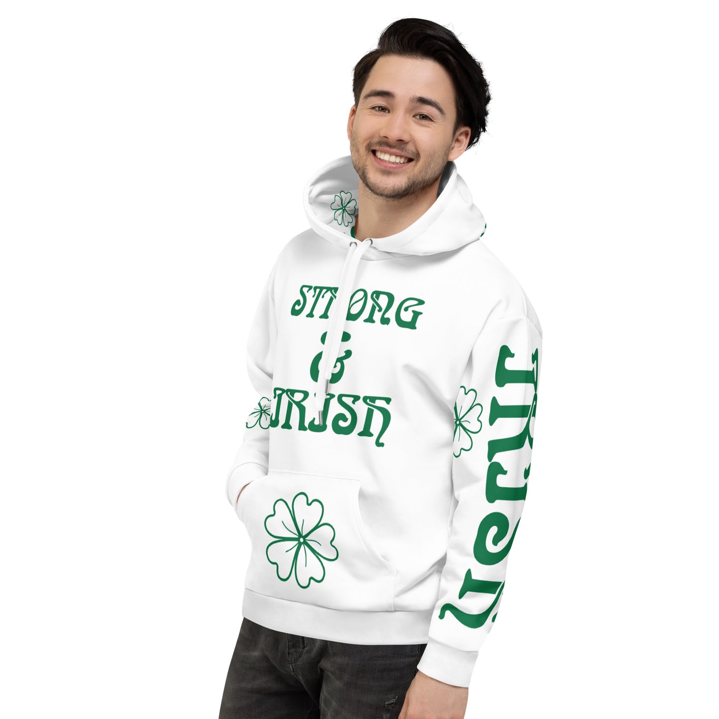 “STRONG&IRISH”White Unisex Hoodie W/Green Font