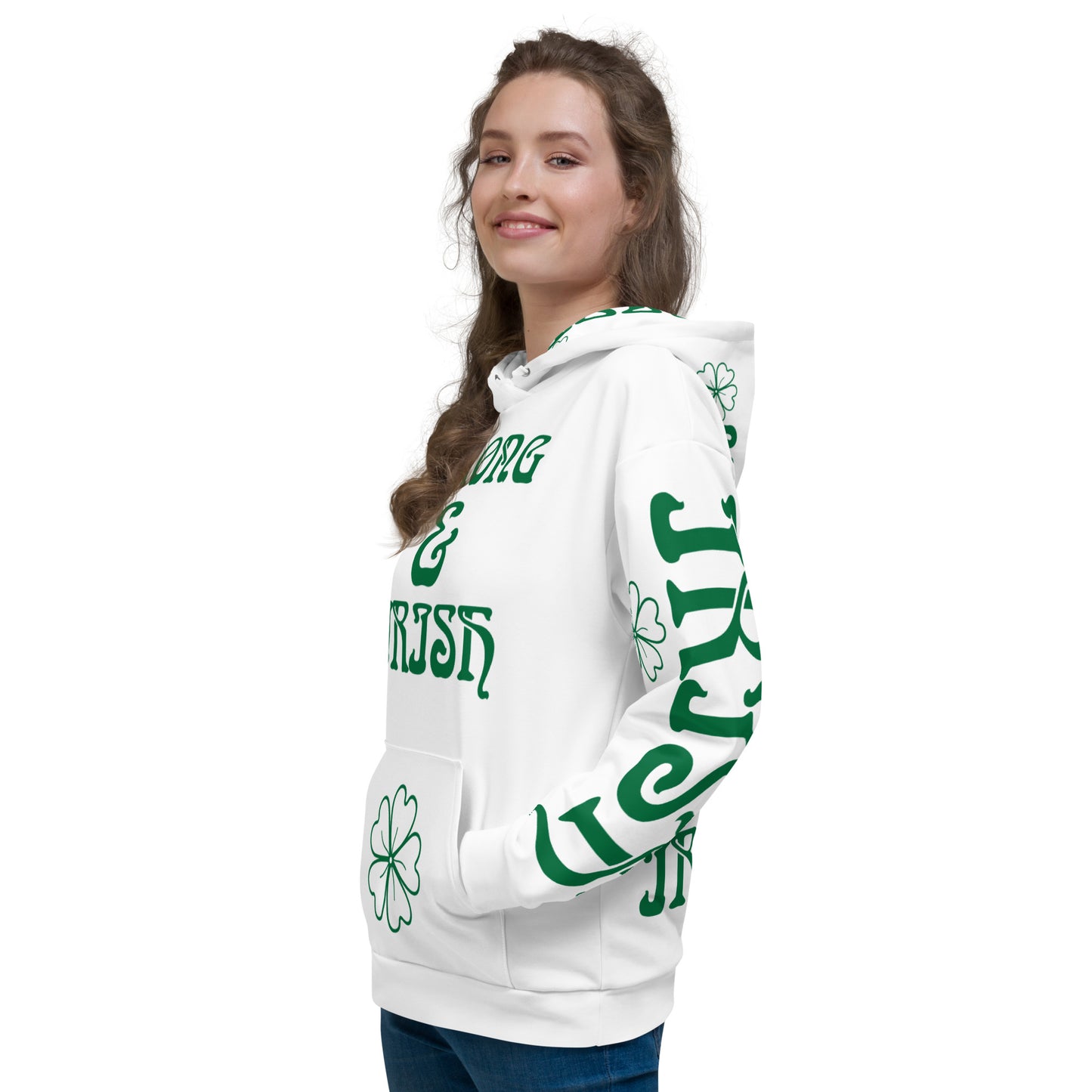 “STRONG&IRISH”White Unisex Hoodie W/Green Font