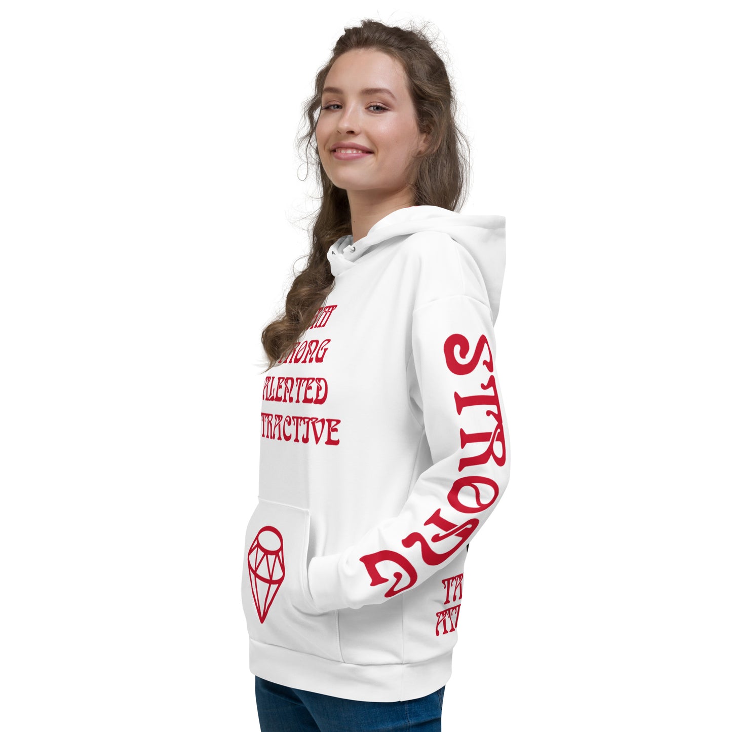 “I’AMSTRONG,TALENTED,ATTRACTIVE”White Unisex Hoodie W/Red Font