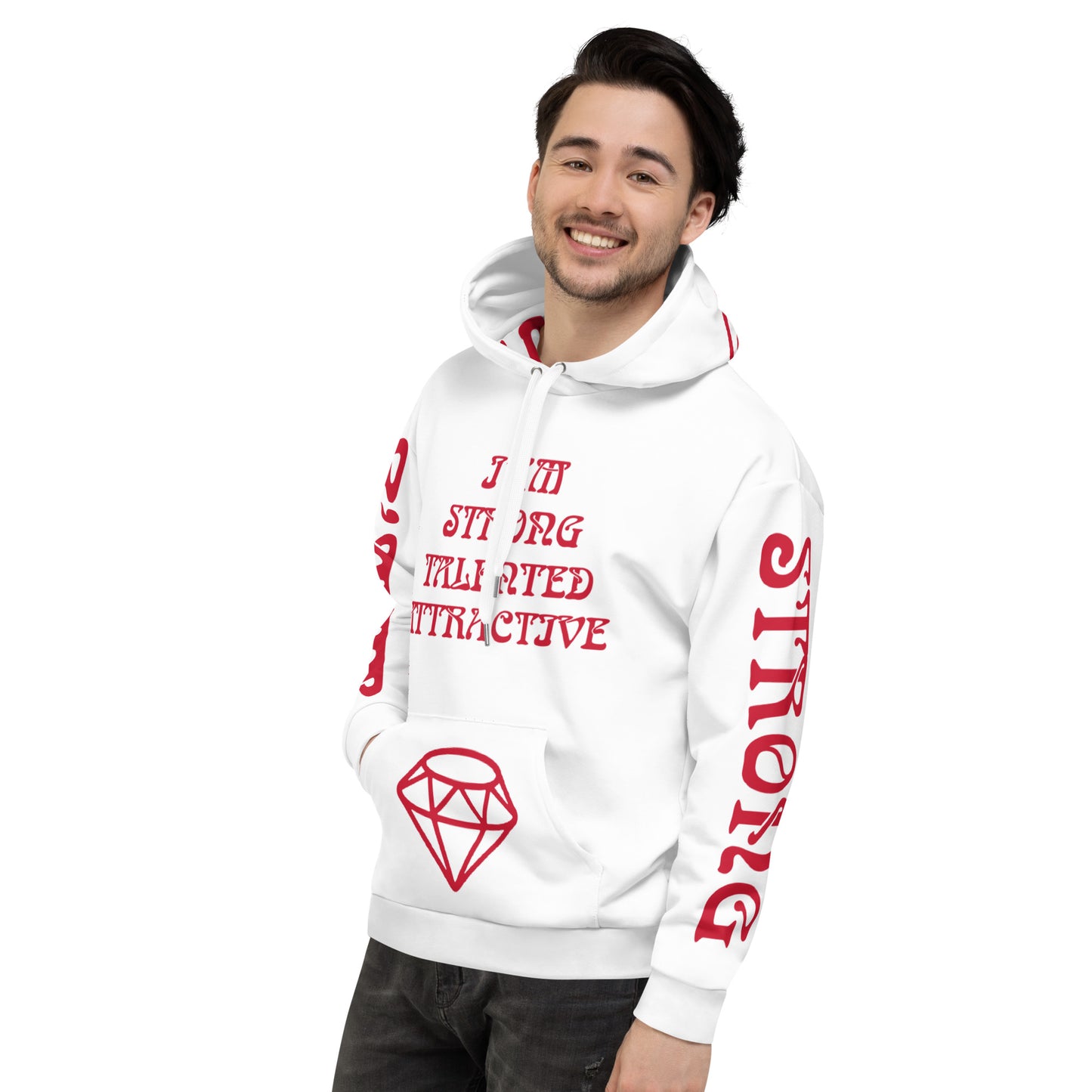 “I’AMSTRONG,TALENTED,ATTRACTIVE”White Unisex Hoodie W/Red Font