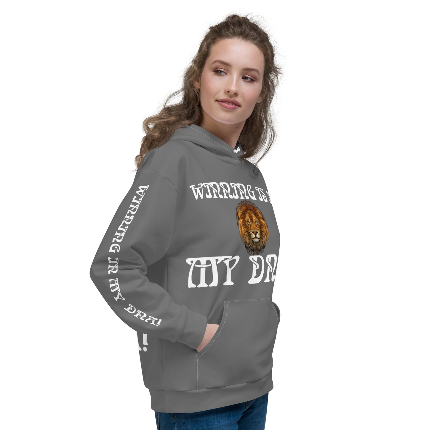 “WINNING IS IN MY DNA!”Grey Unisex Hoodie W/White Font