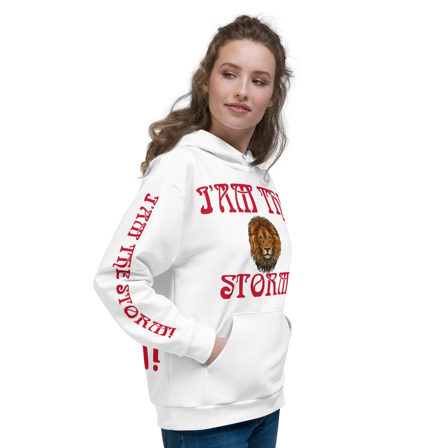 “I’AM THE STORM!"White Unisex Hoodie W/Red Font