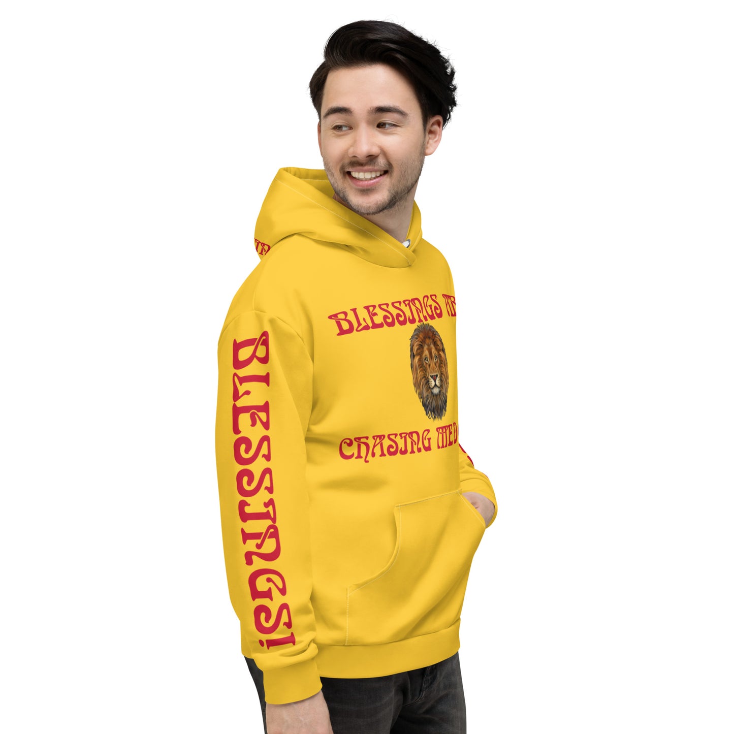 “BLESSINGS ARE CHASING ME DOWN!”Yellow Unisex Hoodie W/Red Font