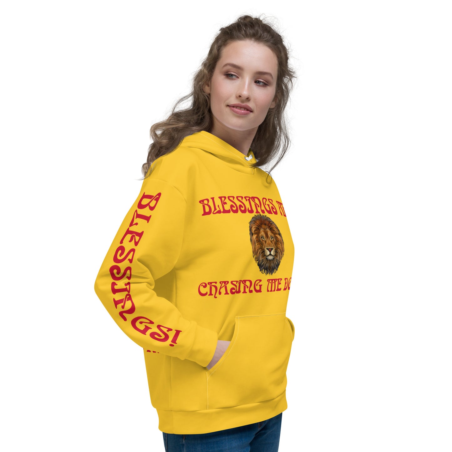 “BLESSINGS ARE CHASING ME DOWN!”Yellow Unisex Hoodie W/Red Font