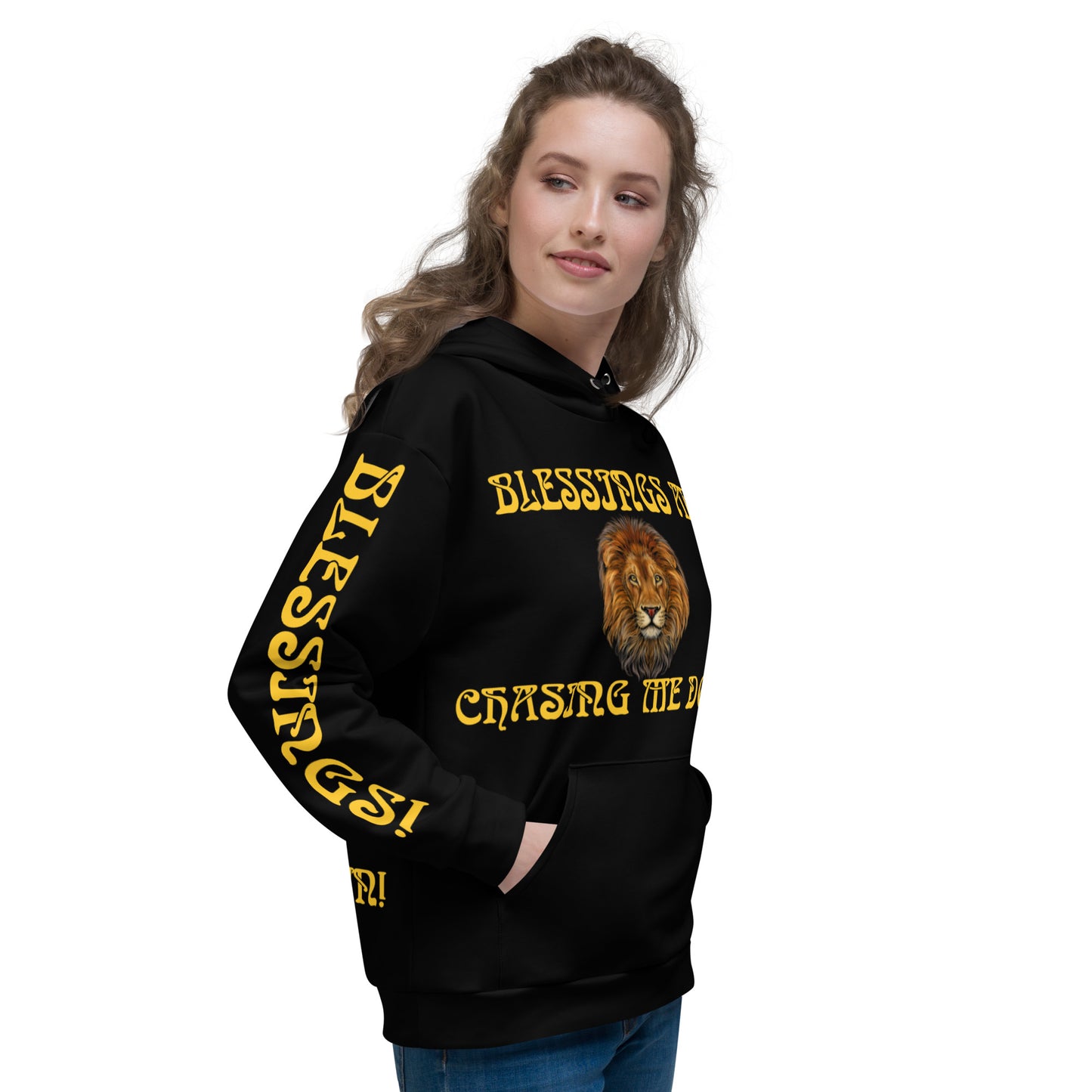 “BLESSINGS ARE CHASING ME DOWN!”Black Unisex Hoodie W/Yellow Font