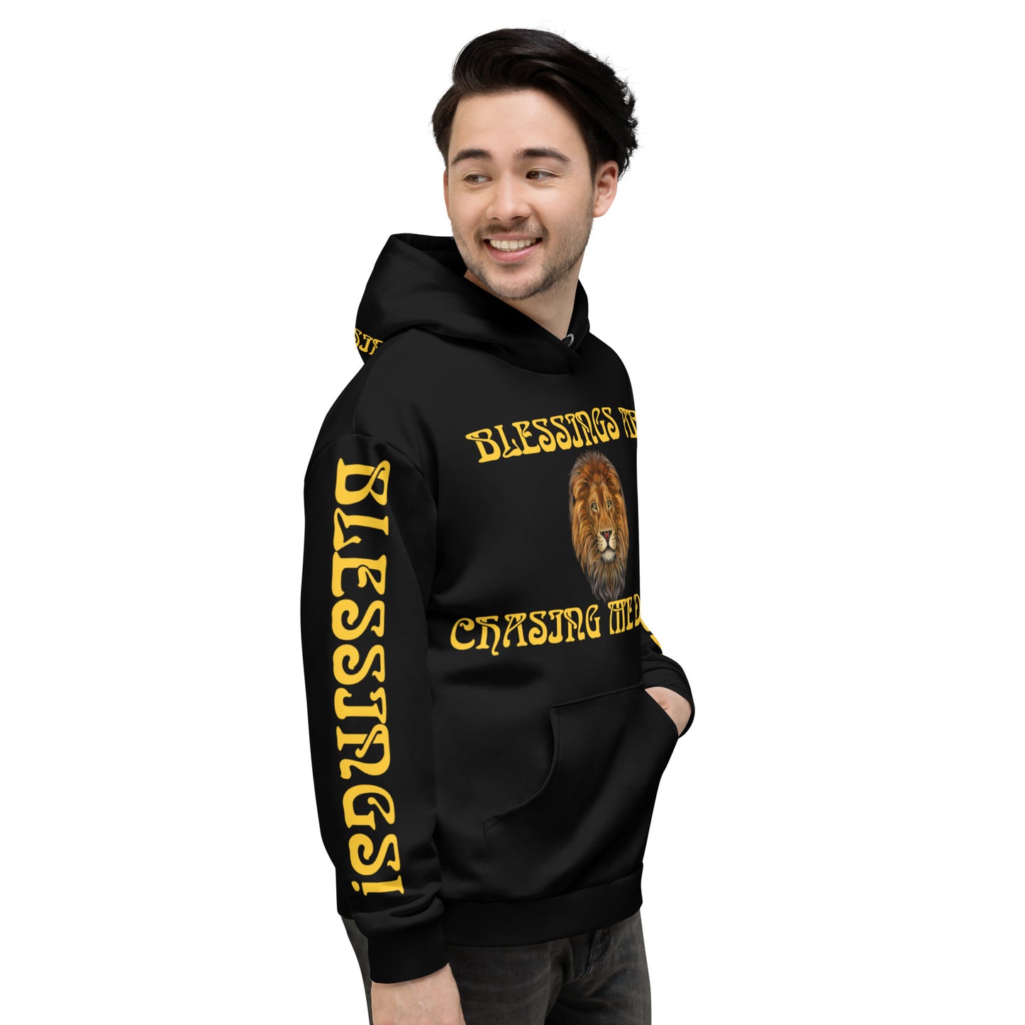 “BLESSINGS ARE CHASING ME DOWN!”Black Unisex Hoodie W/Yellow Font