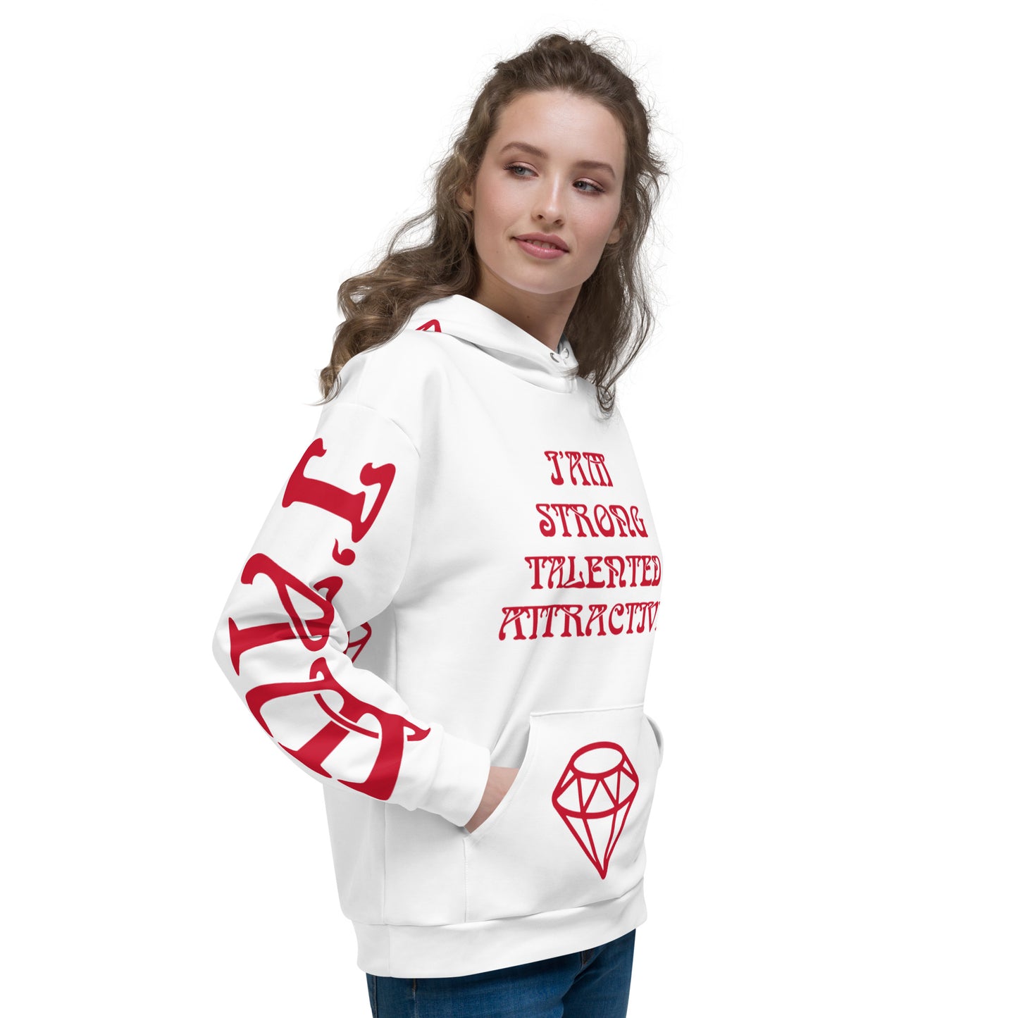 “I’AMSTRONG,TALENTED,ATTRACTIVE”White Unisex Hoodie W/Red Font