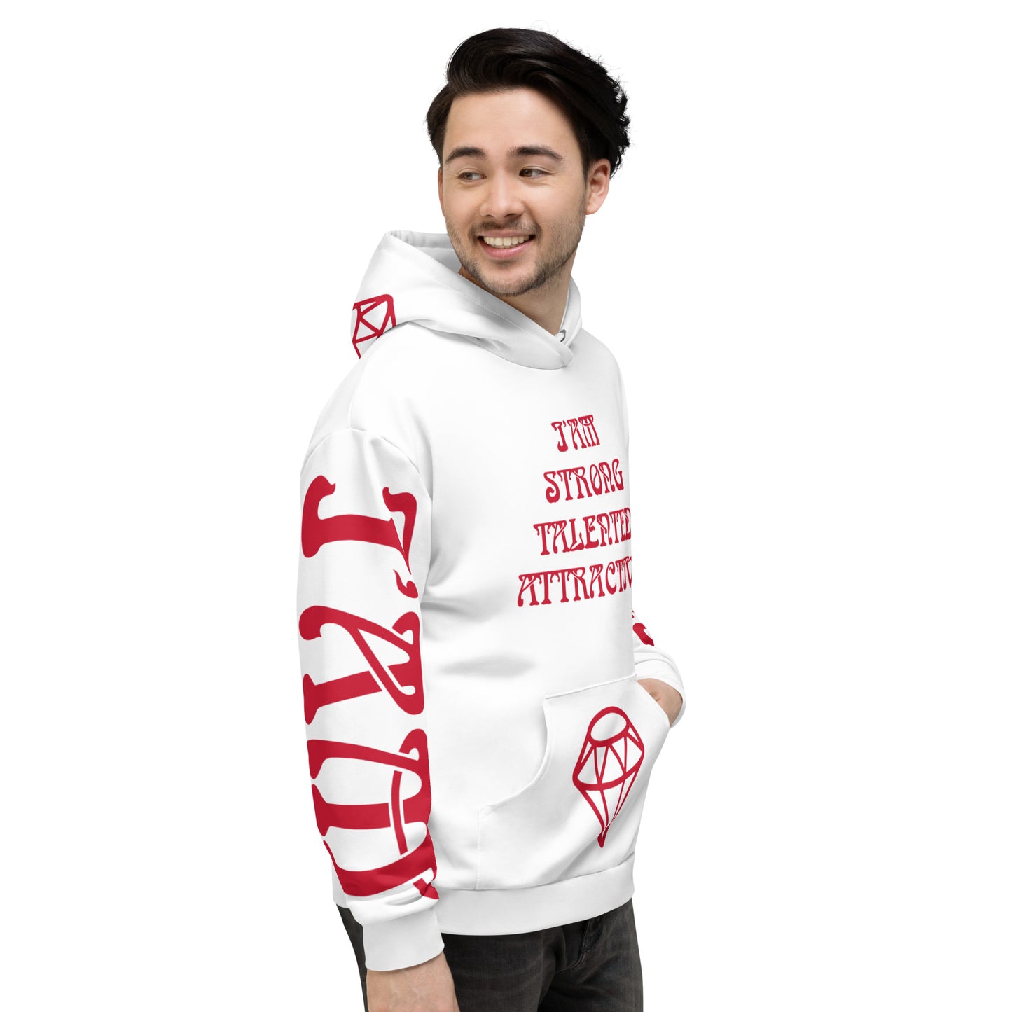 “I’AMSTRONG,TALENTED,ATTRACTIVE”White Unisex Hoodie W/Red Font