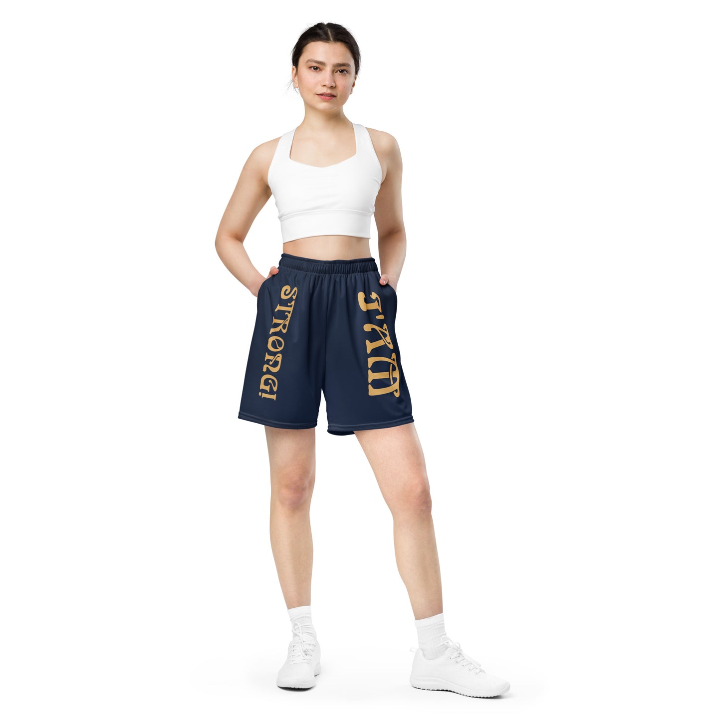 “I’AM STRONG!” Navy Unisex Sport Shorts W/Fawn Font