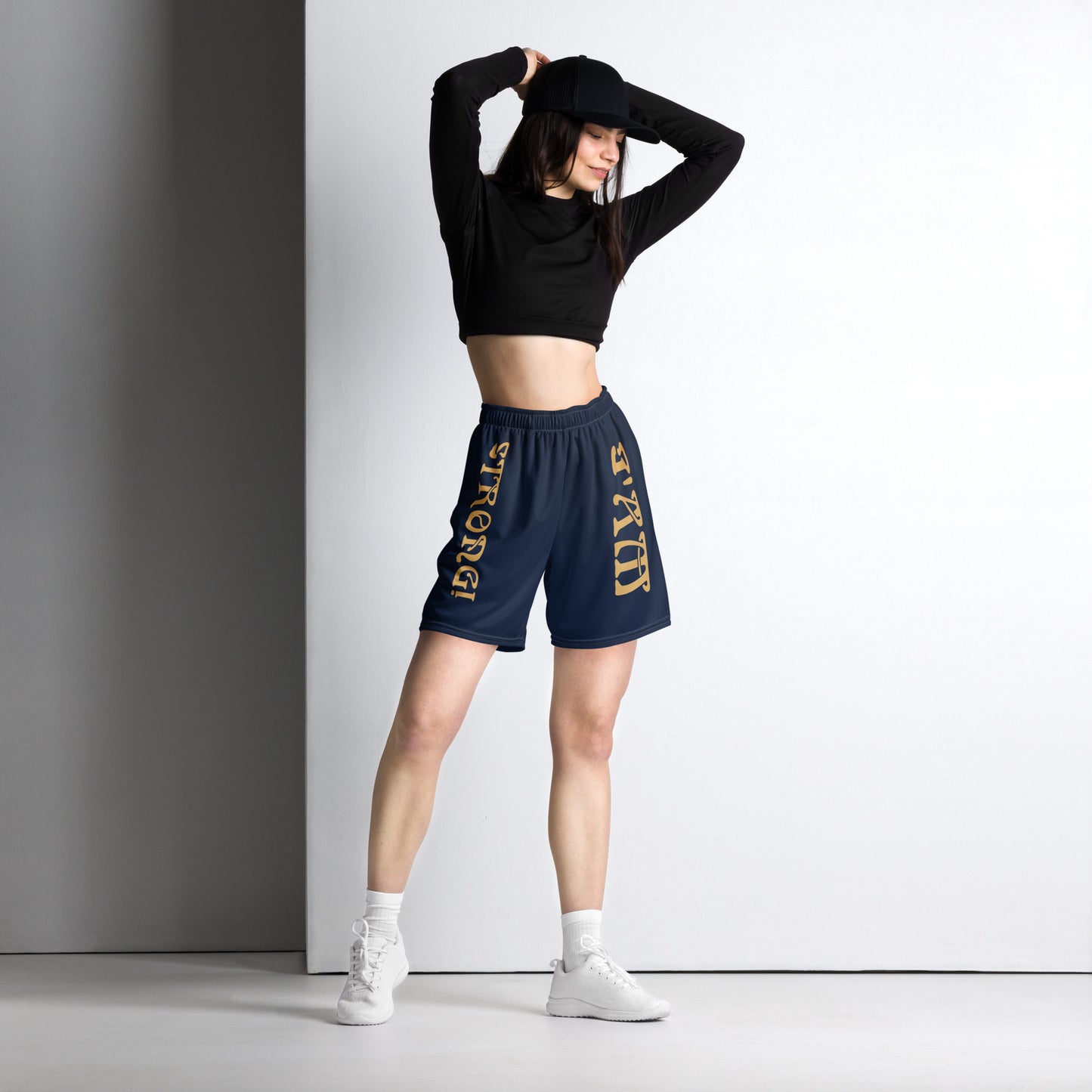 “I’AM STRONG!” Navy Unisex Sport Shorts W/Fawn Font