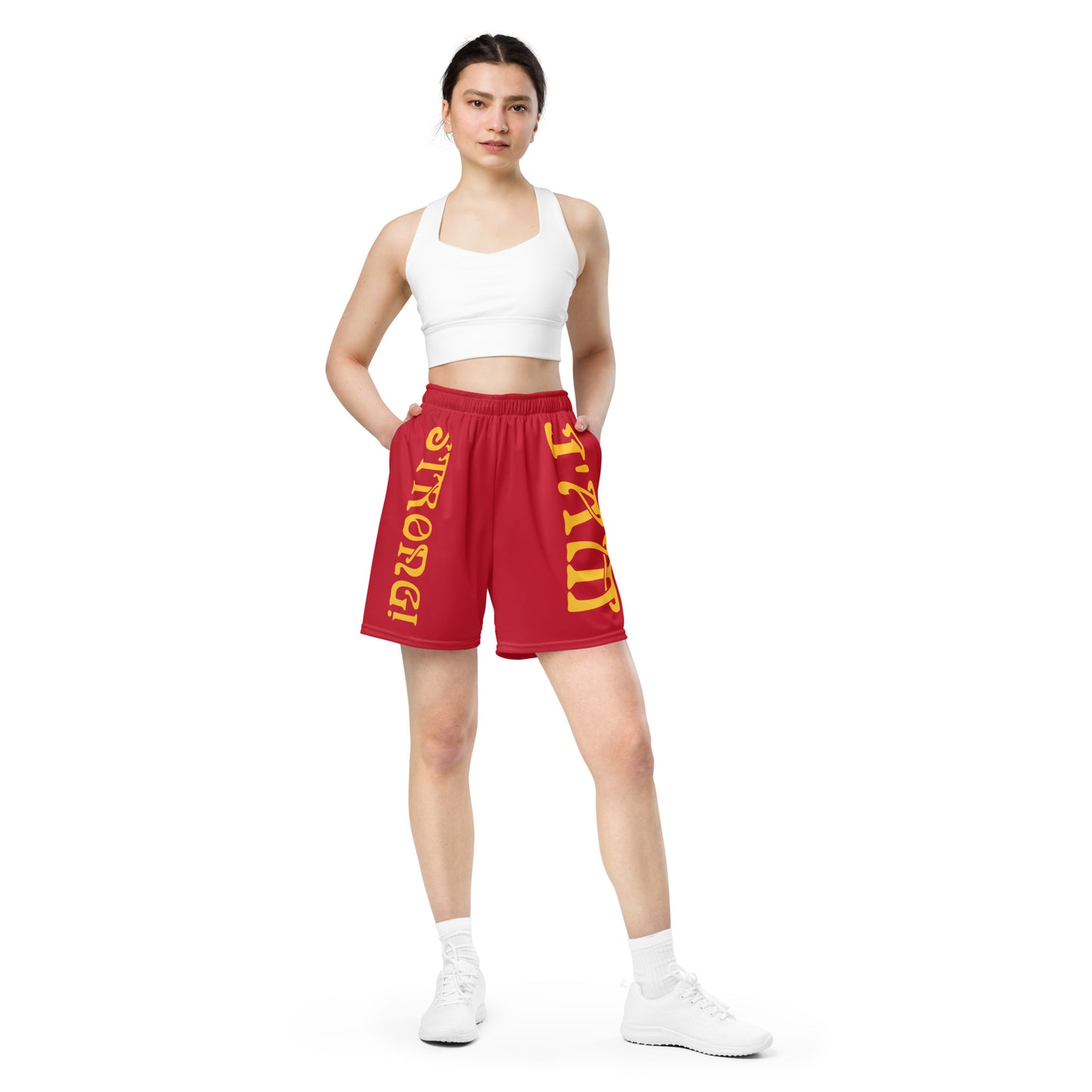 “I’AM STRONG!” Red Unisex Sport Shorts W/Yellow Font
