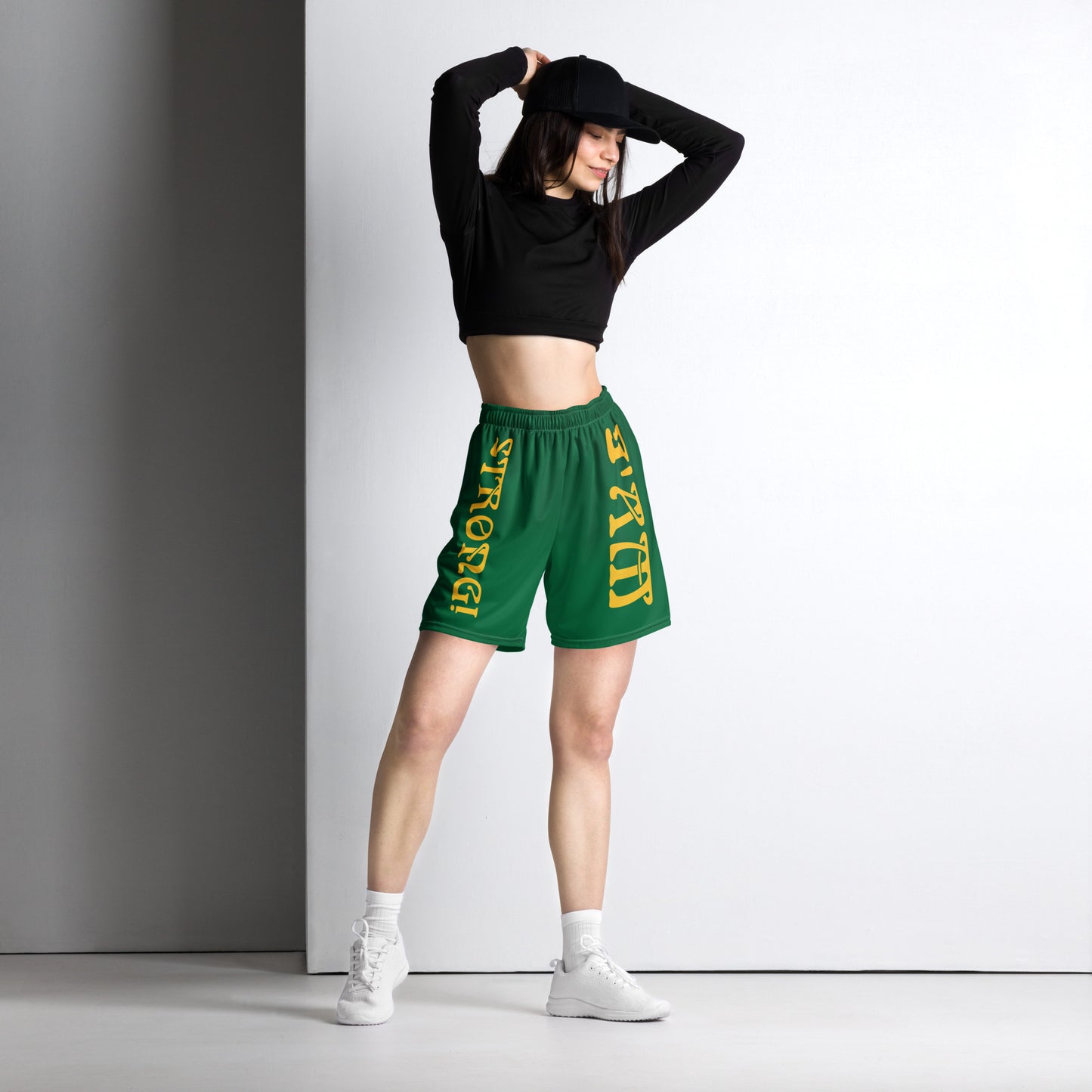 “I’AM STRONG!” Green Unisex Sport Shorts W/Yellow Font