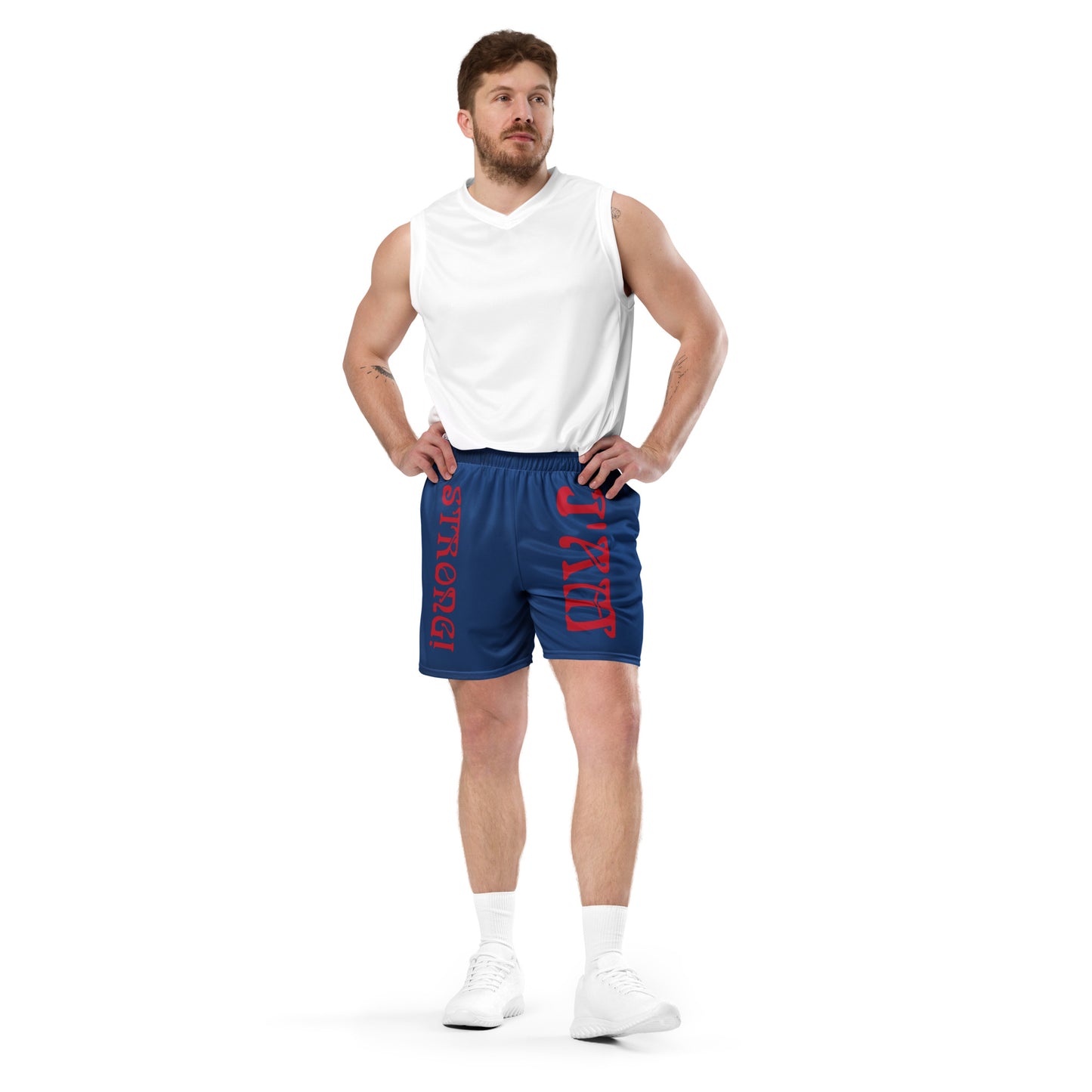 “I’AM STRONG!” Blue Unisex Sport Shorts W/Red Font