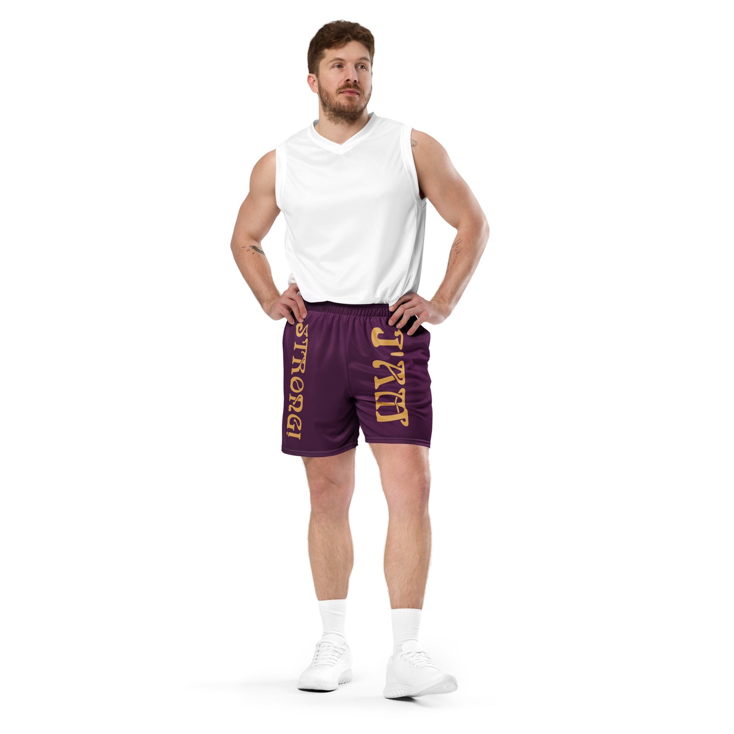 “I’AM STRONG!” Purple Unisex Sport Shorts W/Fawn Font