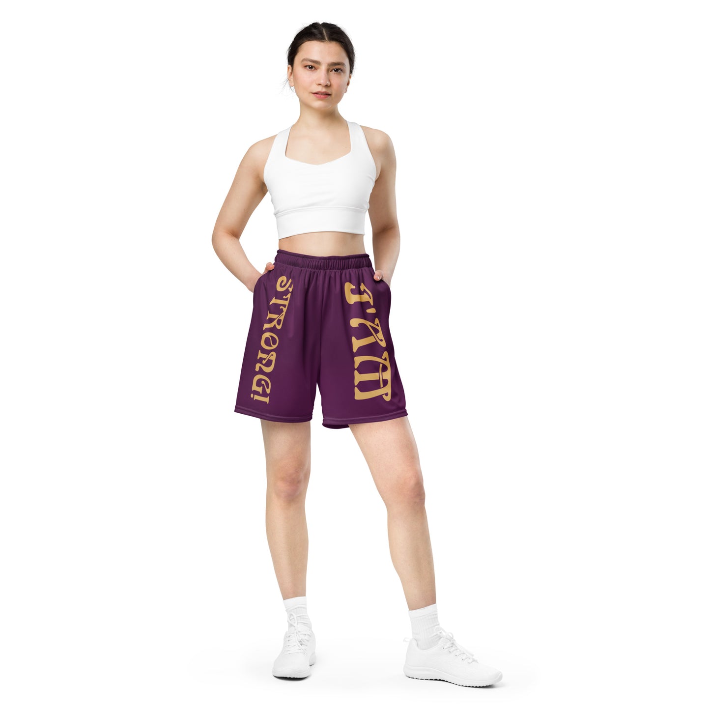 “I’AM STRONG!” Purple Unisex Sport Shorts W/Fawn Font