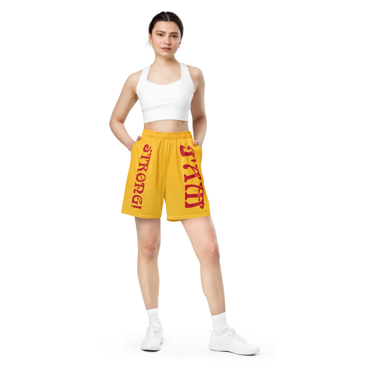 “I’AM STRONG!” Yellow Unisex Sport Shorts W/Red Font