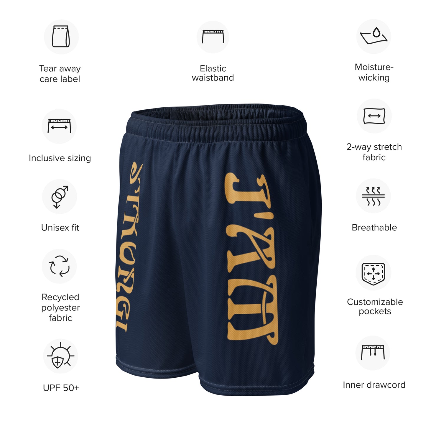 “I’AM STRONG!” Navy Unisex Sport Shorts W/Fawn Font
