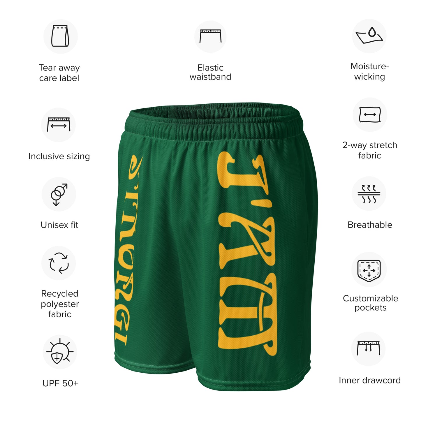“I’AM STRONG!” Green Unisex Sport Shorts W/Yellow Font