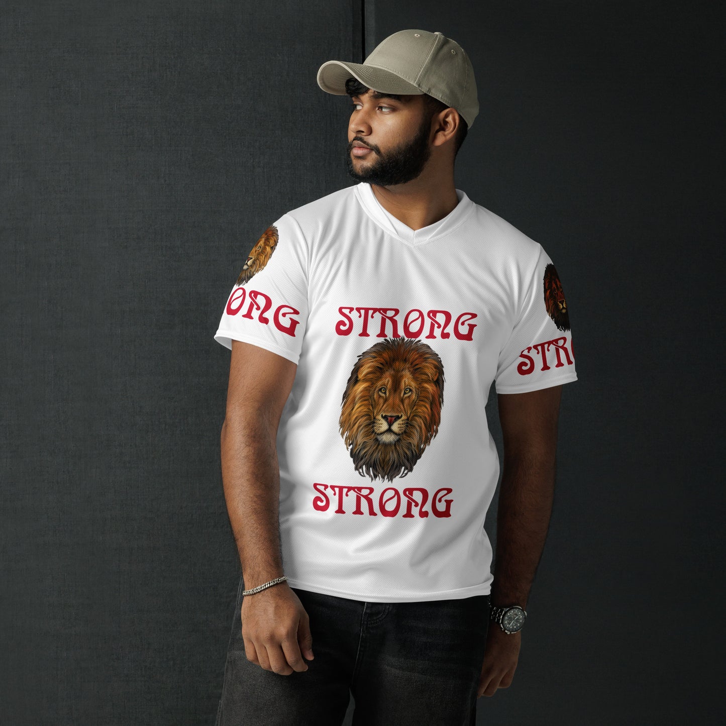 “STRONG”White Unisex Sports Jersey W/Red Font