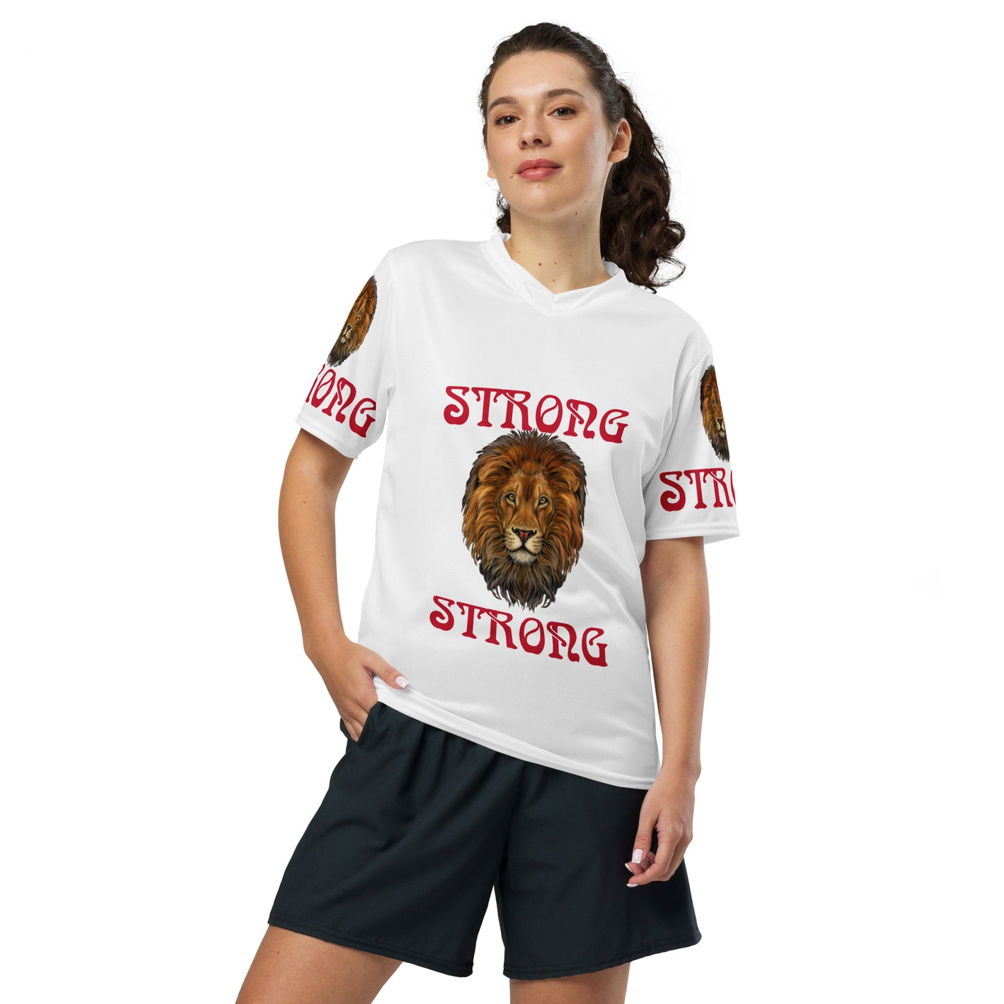 “STRONG”White Unisex Sports Jersey W/Red Font