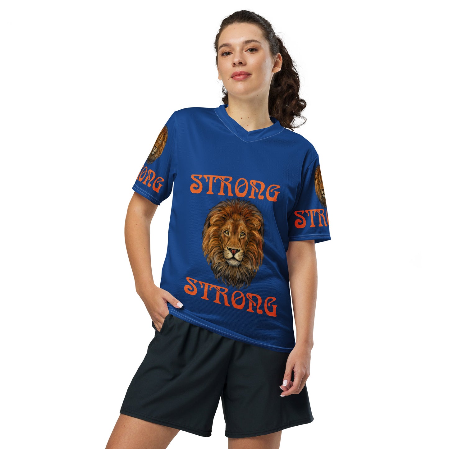 “STRONG”Blue Unisex Sports Jersey W/Orange Font