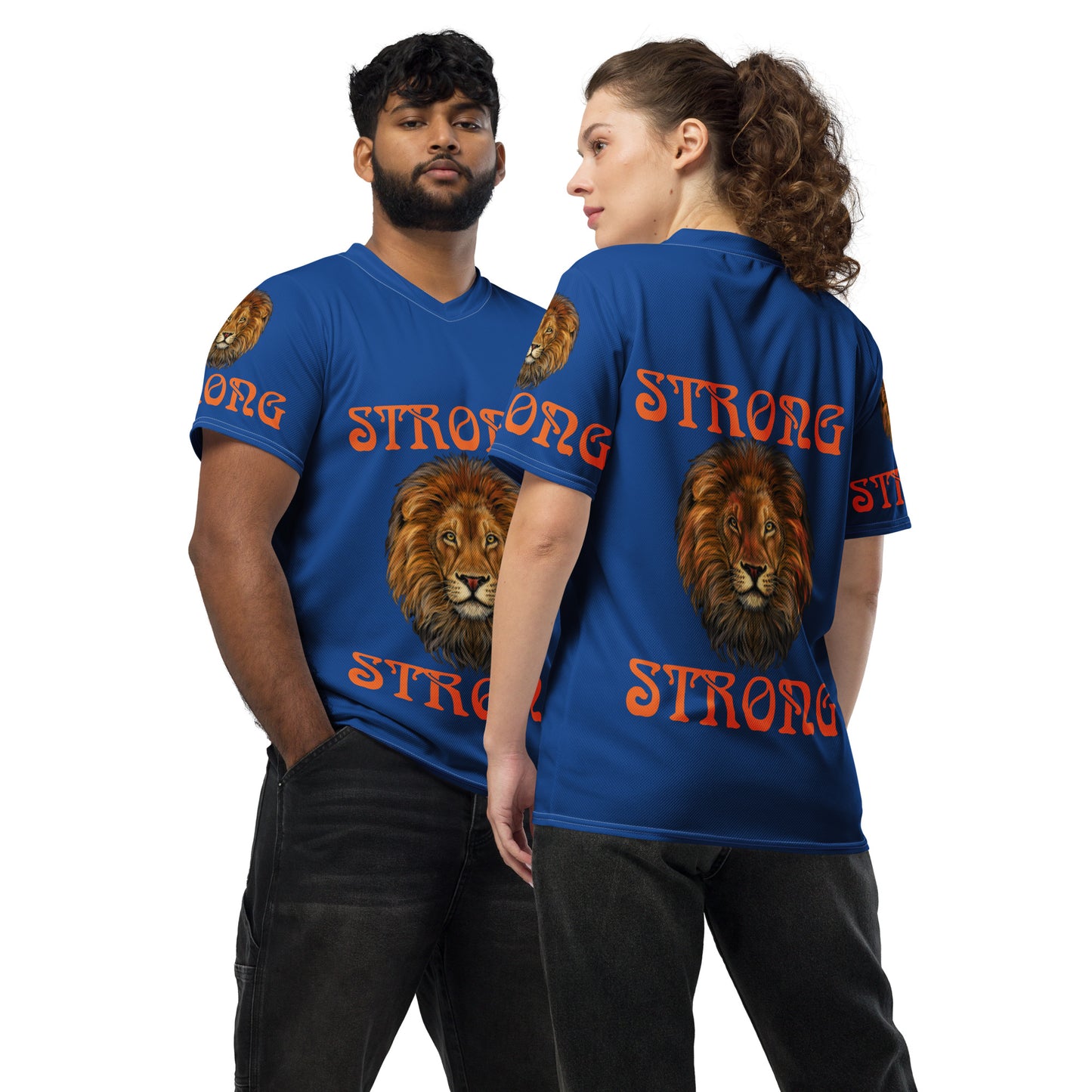 “STRONG”Blue Unisex Sports Jersey W/Orange Font