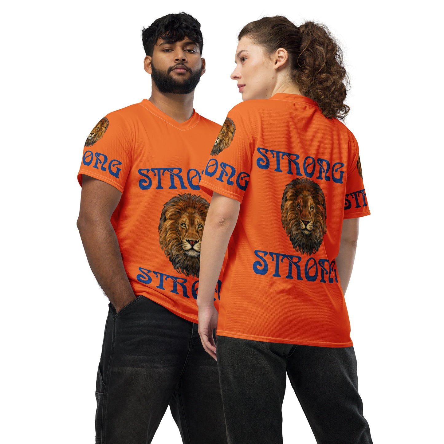 “STRONG”Orange Unisex Sports Jersey W/Blue Font