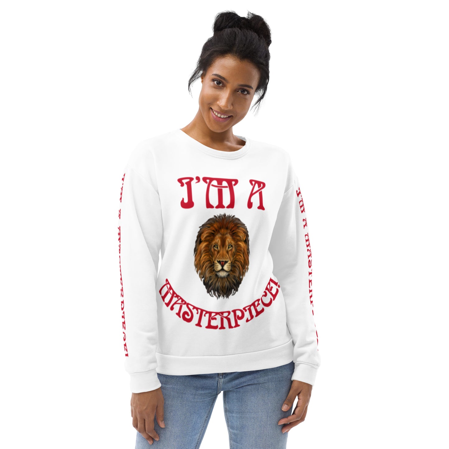 “I’M A MASTERPIECE!”White Unisex Sweatshirt W/Red Font