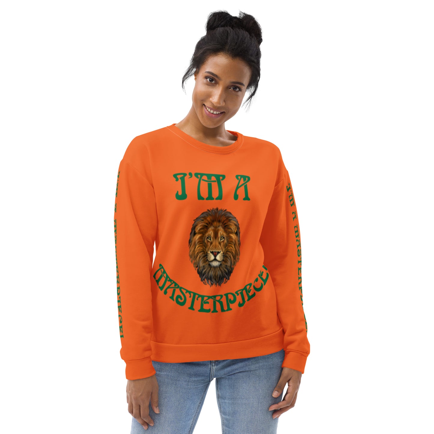 “I’M A MASTERPIECE!”Orange Unisex Sweatshirt W/Green Font