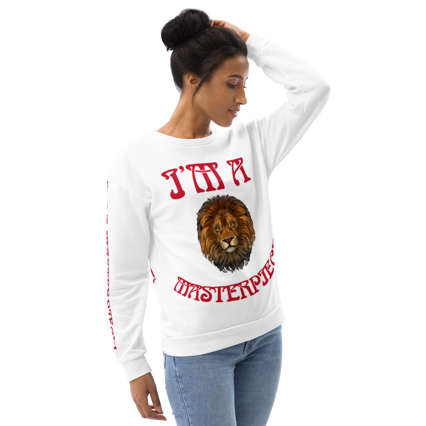 “I’M A MASTERPIECE!”White Unisex Sweatshirt W/Red Font