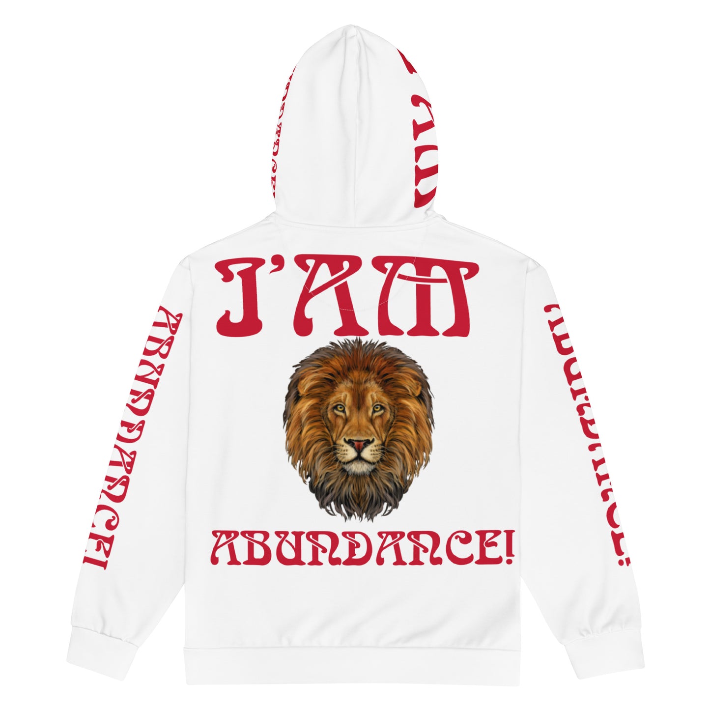 “I’AM ABUNDANCE!"Unisex White Zip Hoodie W/Red Font