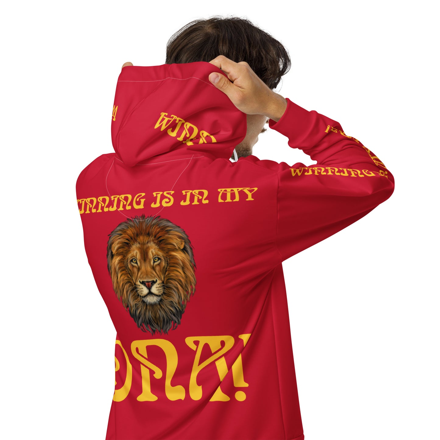 “WINNING IS IN MY DNA!”Red Unisex Zip Hoodie W/Yellow Font