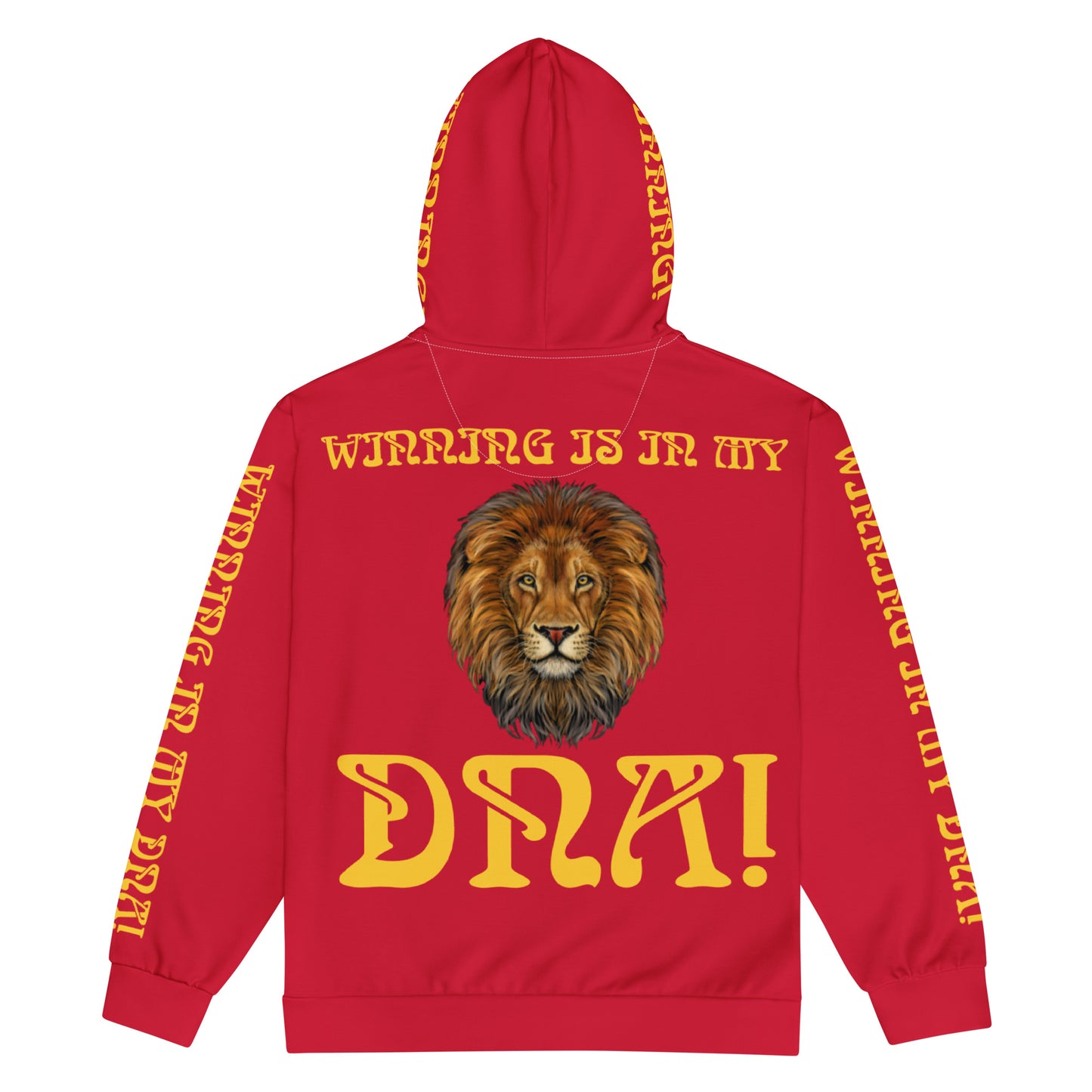 “WINNING IS IN MY DNA!”Red Unisex Zip Hoodie W/Yellow Font