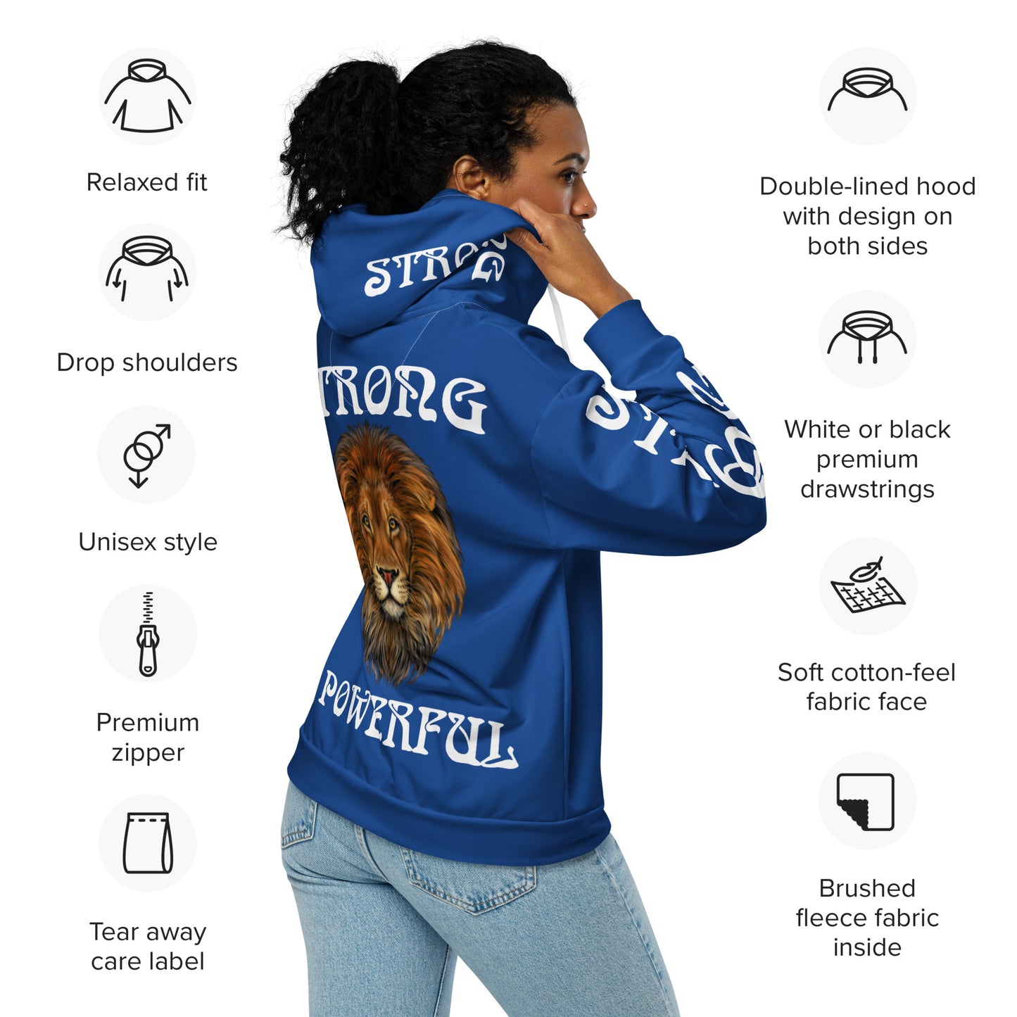 “STRONG,POWERFUL”Blue Unisex Zip Hoodie W/White Font
