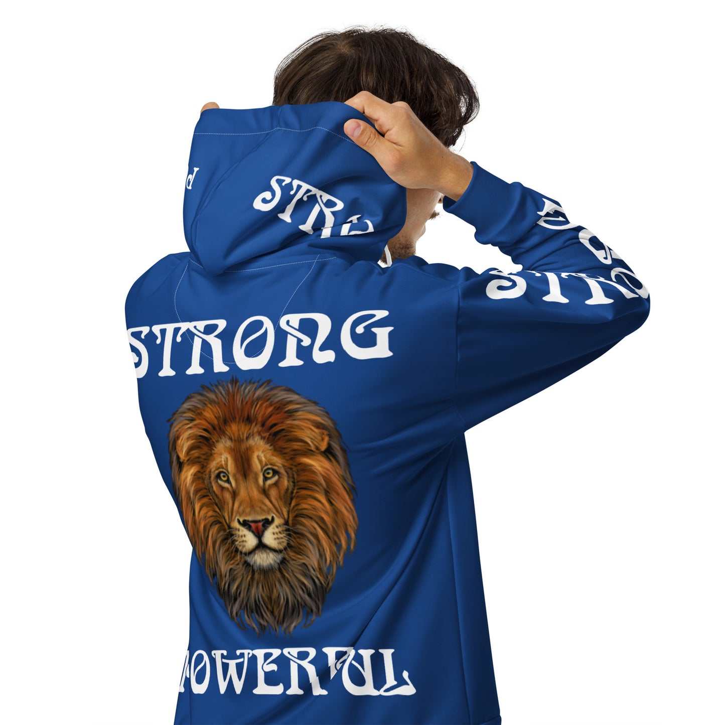 “STRONG,POWERFUL”Blue Unisex Zip Hoodie W/White Font